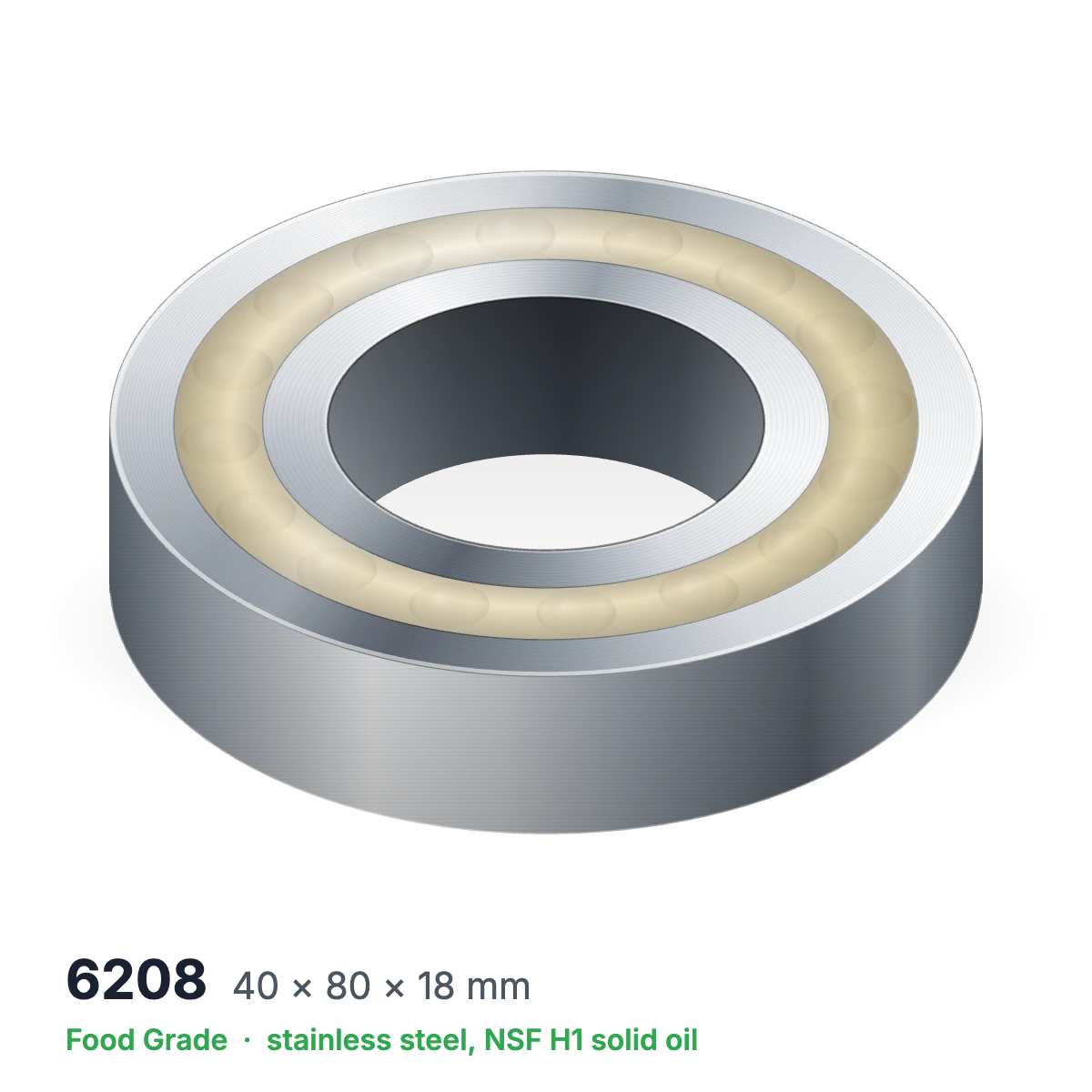 6208 food grade solid oil ball bearing, 40 × 80 × 18 mm, stainless steel with NSF H1 solid oil