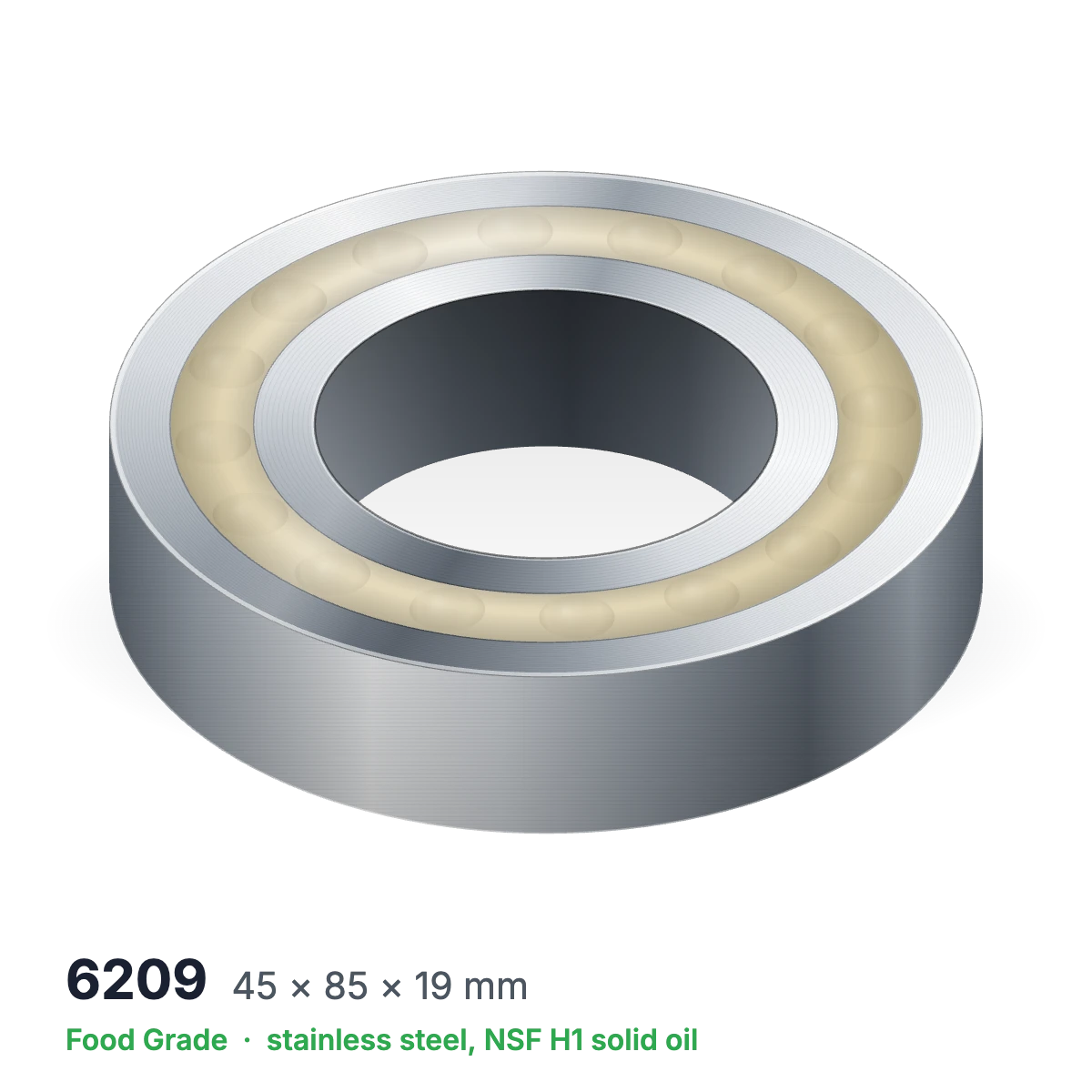6209 food grade solid oil ball bearing, 45 × 85 × 19 mm, stainless steel with NSF H1 solid oil