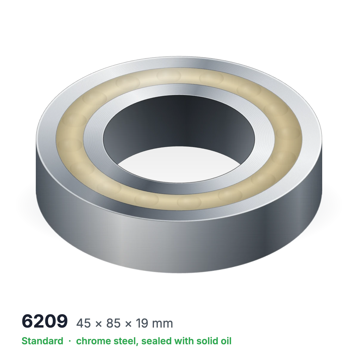 6209 solid oil ball bearing, 45 × 85 × 19 mm, chrome steel, sealed with solid oil