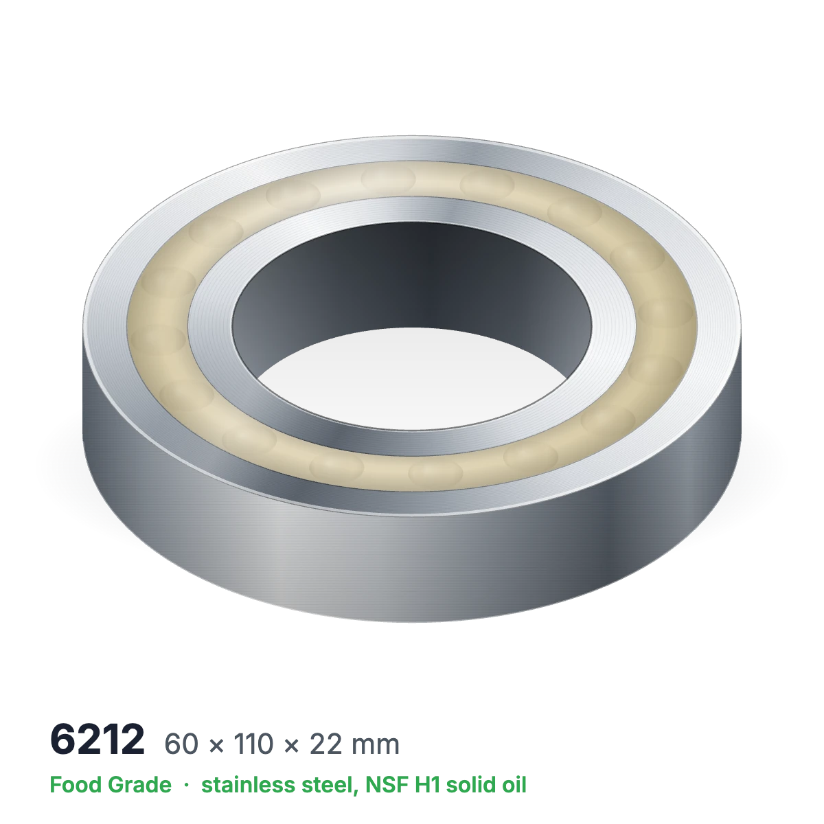 6212 food grade solid oil ball bearing, 60 × 110 × 22 mm, stainless steel with NSF H1 solid oil