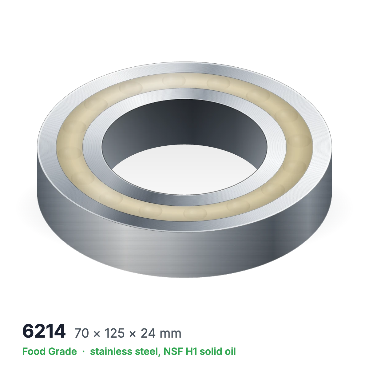 6214 food grade solid oil ball bearing, 70 × 125 × 24 mm, stainless steel with NSF H1 solid oil