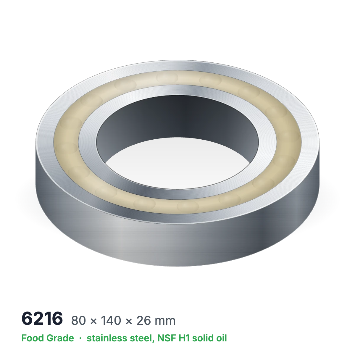 6216 food grade solid oil ball bearing, 80 × 140 × 26 mm, stainless steel with NSF H1 solid oil