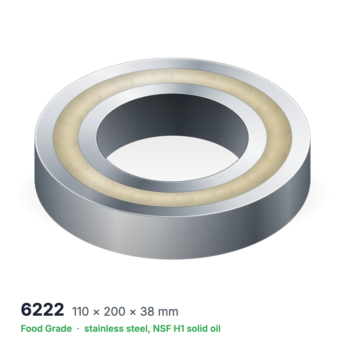 6222 food grade solid oil ball bearing, 110 × 200 × 38 mm, stainless steel with NSF H1 solid oil