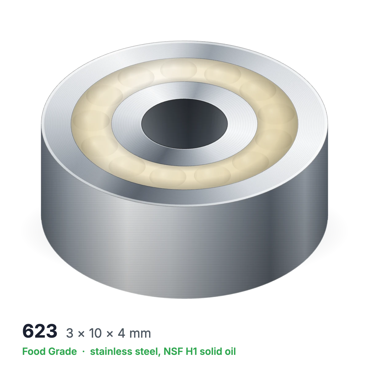 623 food grade solid oil ball bearing, 3 × 10 × 4 mm, stainless steel with NSF H1 solid oil