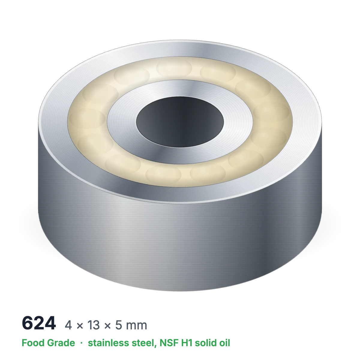 624 food grade solid oil ball bearing, 4 × 13 × 5 mm, stainless steel with NSF H1 solid oil
