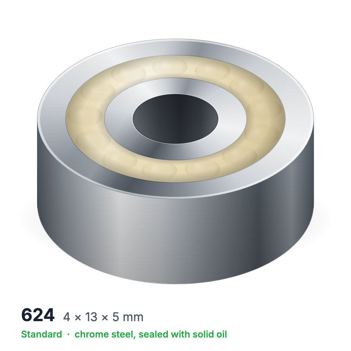 624 solid oil ball bearing, 4 × 13 × 5 mm, chrome steel, sealed with solid oil