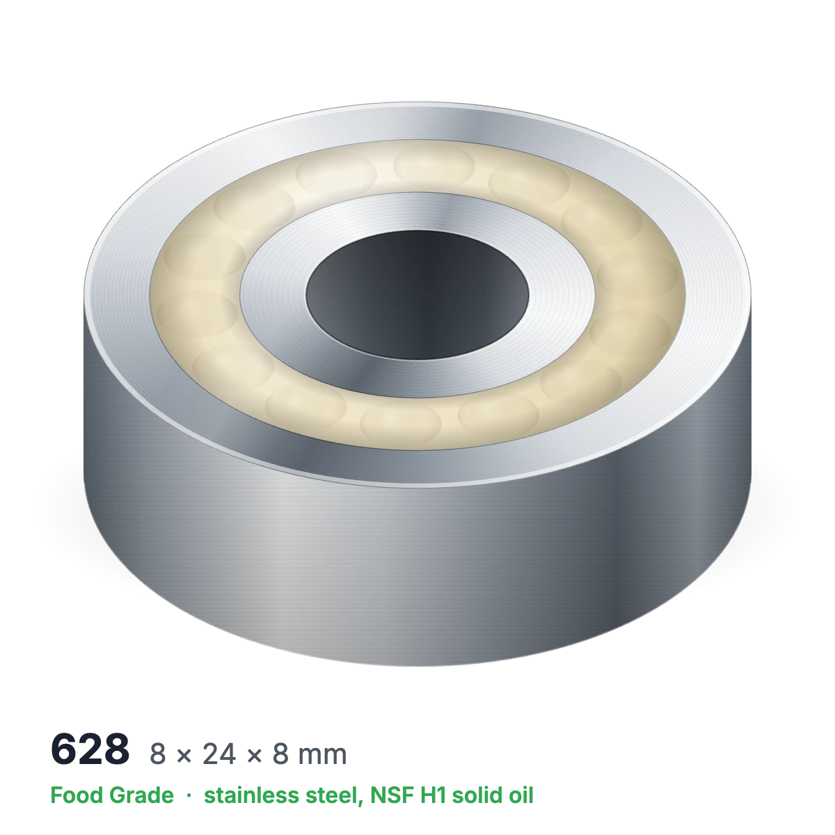 628 food grade solid oil ball bearing, 8 × 24 × 8 mm, stainless steel with NSF H1 solid oil