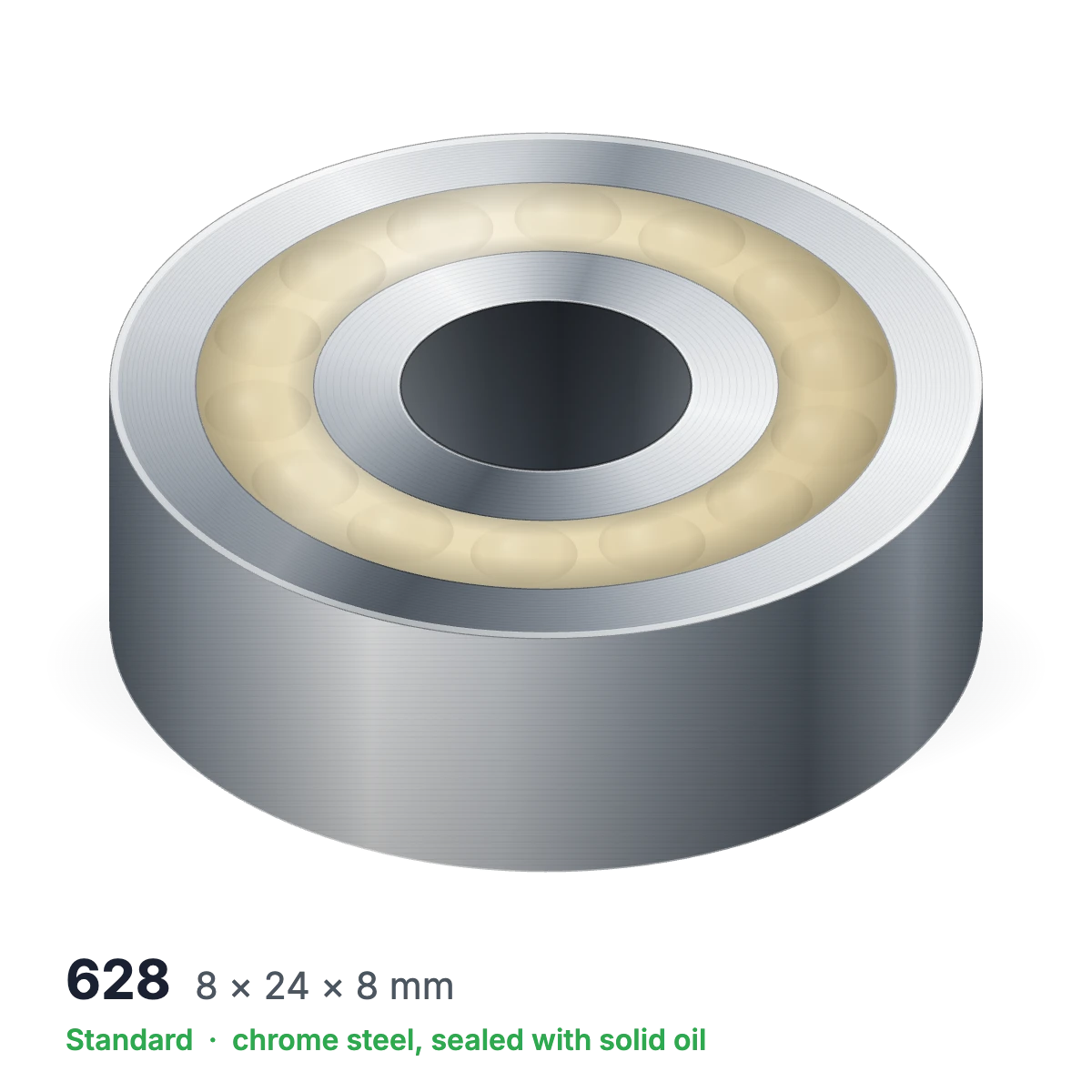628 solid oil ball bearing, 8 × 24 × 8 mm, chrome steel, sealed with solid oil