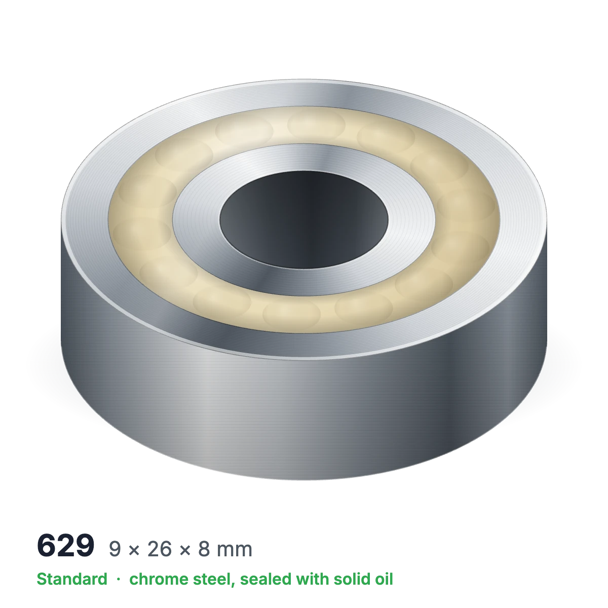 629 solid oil ball bearing, 9 × 26 × 8 mm, chrome steel, sealed with solid oil