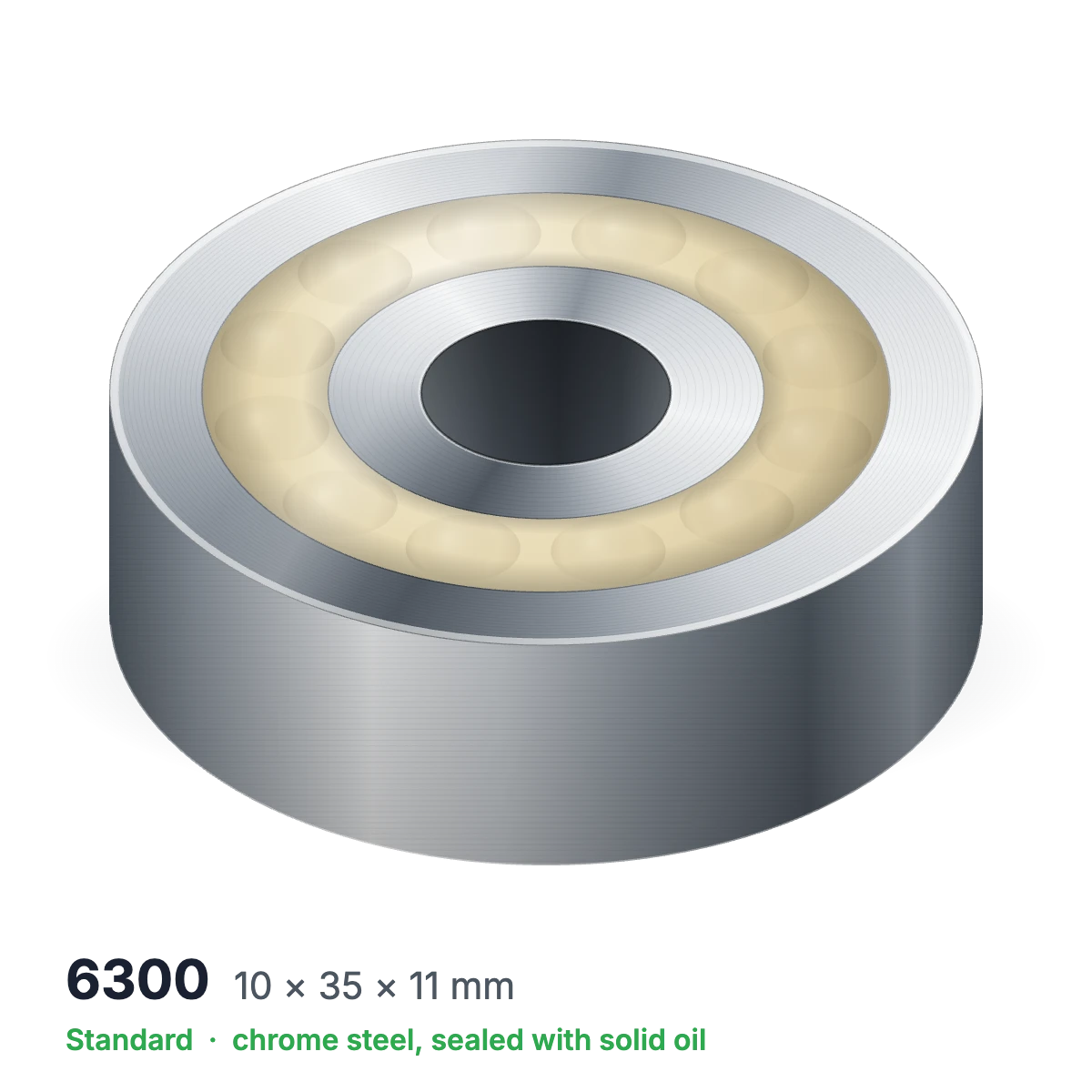 6300 solid oil ball bearing, 10 × 35 × 11 mm, chrome steel, sealed with solid oil