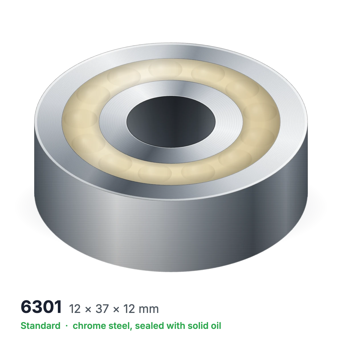 6301 solid oil ball bearing, 12 × 37 × 12 mm, chrome steel, sealed with solid oil