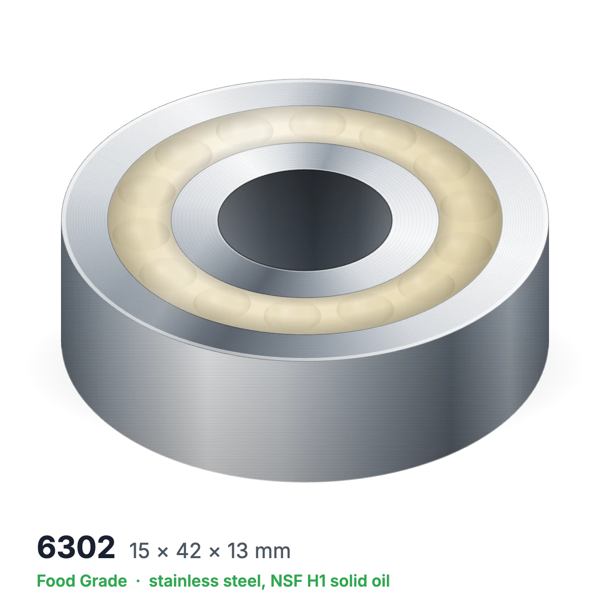 6302 food grade solid oil ball bearing, 15 × 42 × 13 mm, stainless steel with NSF H1 solid oil