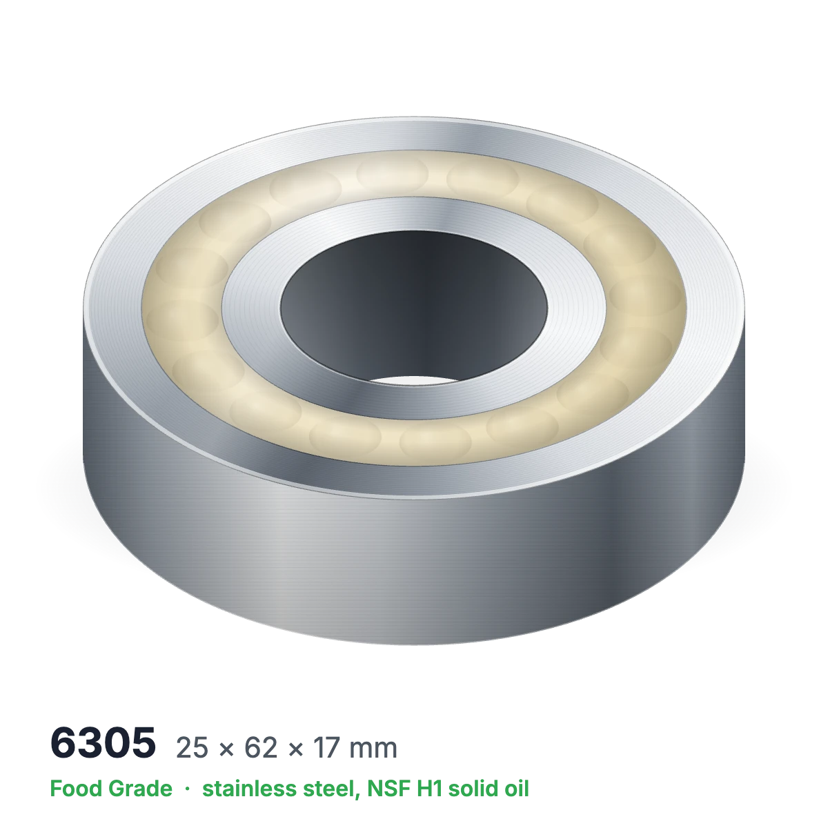 6305 food grade solid oil ball bearing, 25 × 62 × 17 mm, stainless steel with NSF H1 solid oil