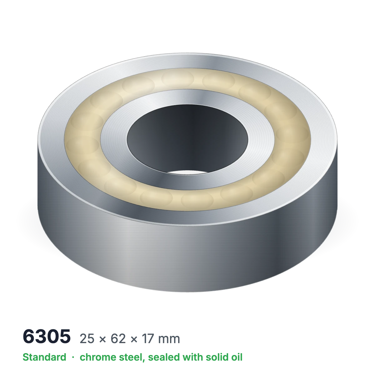 6305 solid oil ball bearing, 25 × 62 × 17 mm, chrome steel, sealed with solid oil