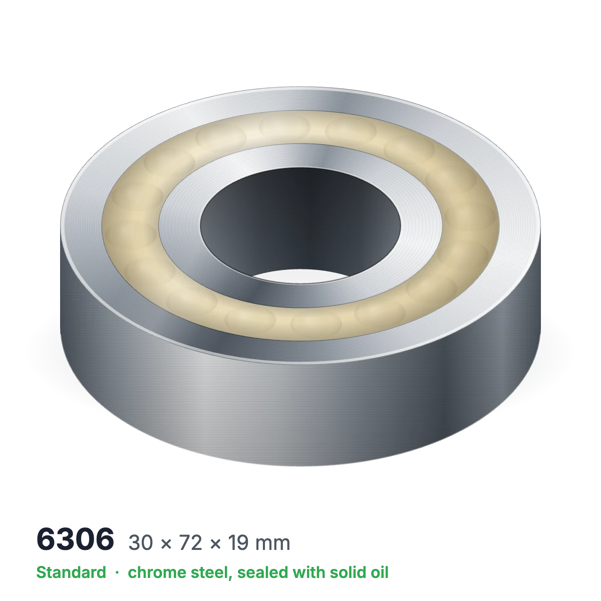 6306 solid oil ball bearing, 30 × 72 × 19 mm, chrome steel, sealed with solid oil