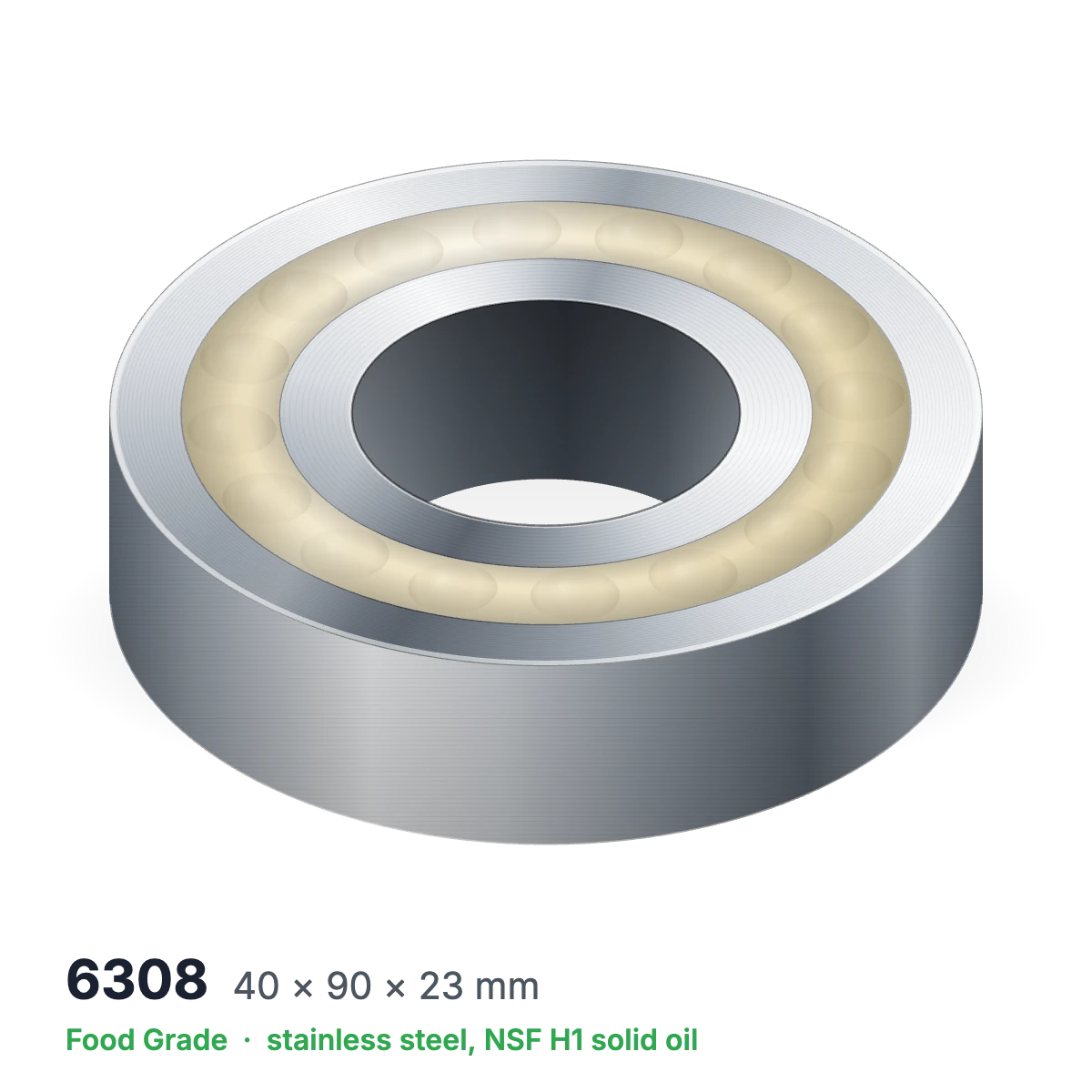 6308 food grade solid oil ball bearing, 40 × 90 × 23 mm, stainless steel with NSF H1 solid oil