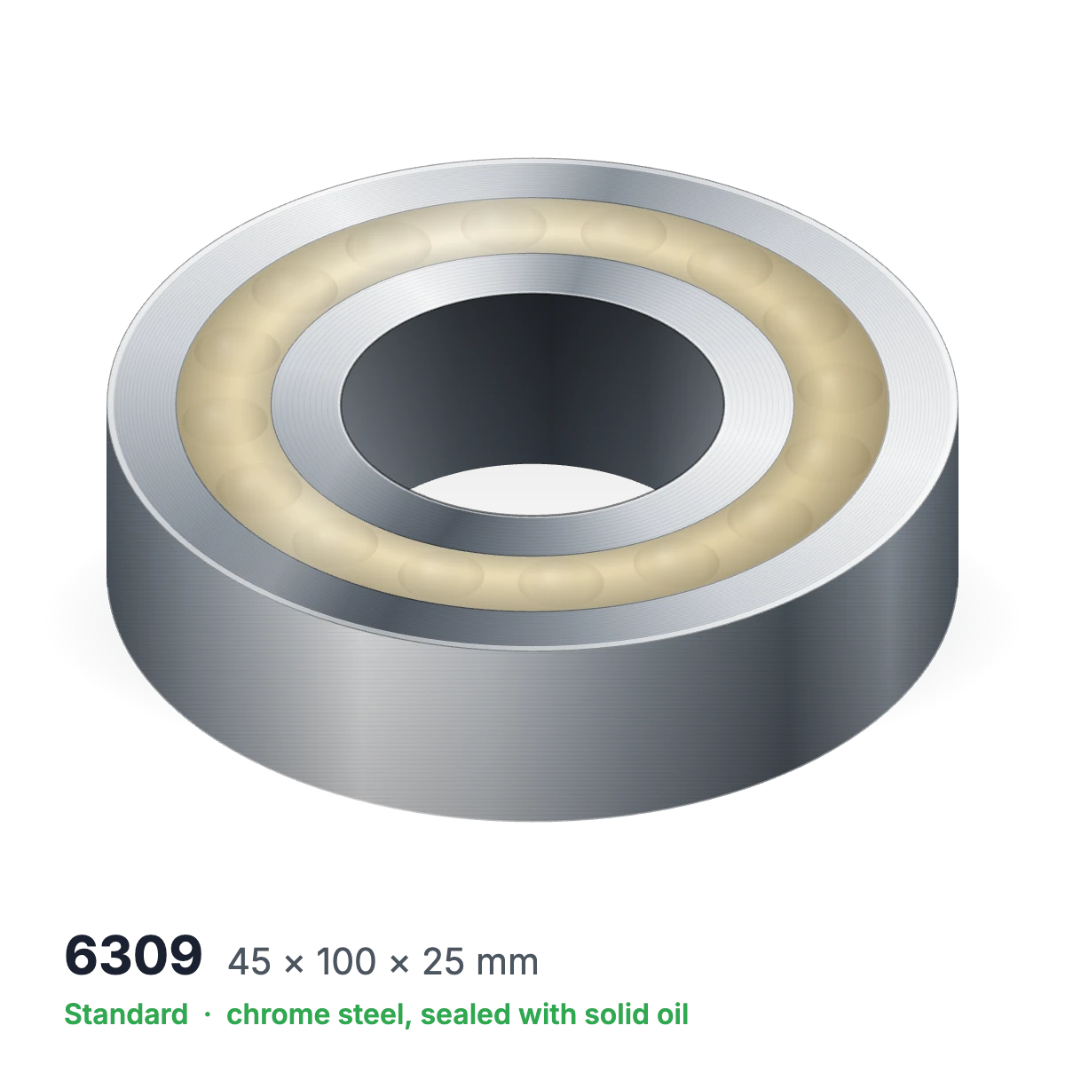 6309 solid oil ball bearing, 45 × 100 × 25 mm, chrome steel, sealed with solid oil