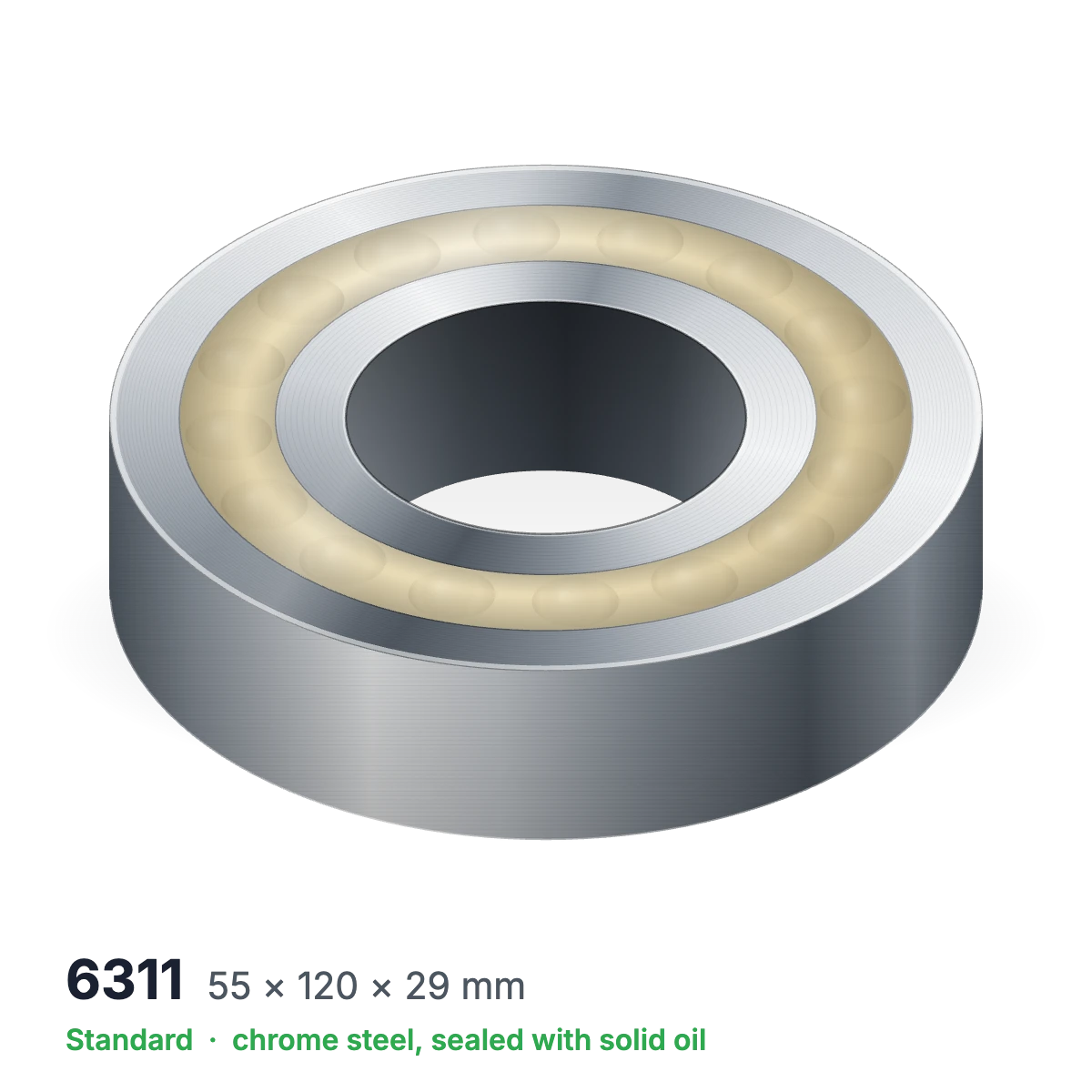 6311 solid oil ball bearing, 55 × 120 × 29 mm, chrome steel, sealed with solid oil