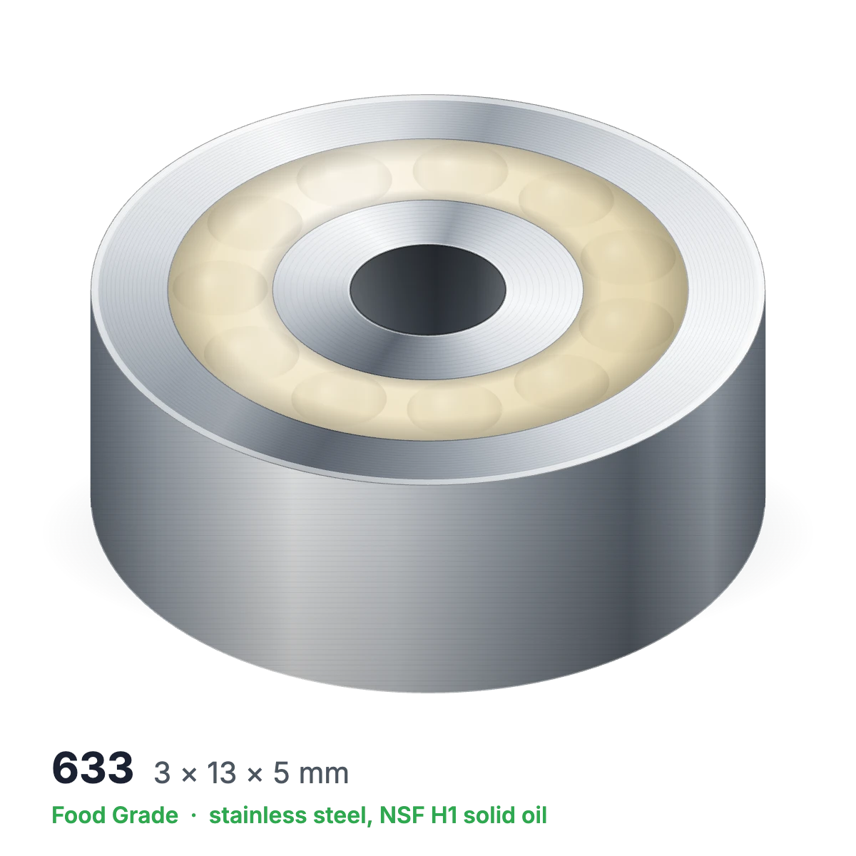 633 food grade solid oil ball bearing, 3 × 13 × 5 mm, stainless steel with NSF H1 solid oil