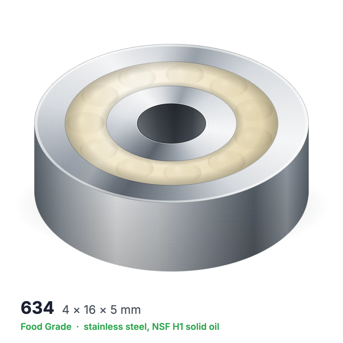 634 food grade solid oil ball bearing, 4 × 16 × 5 mm, stainless steel with NSF H1 solid oil