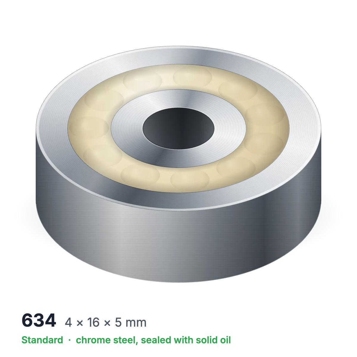 634 solid oil ball bearing, 4 × 16 × 5 mm, chrome steel, sealed with solid oil