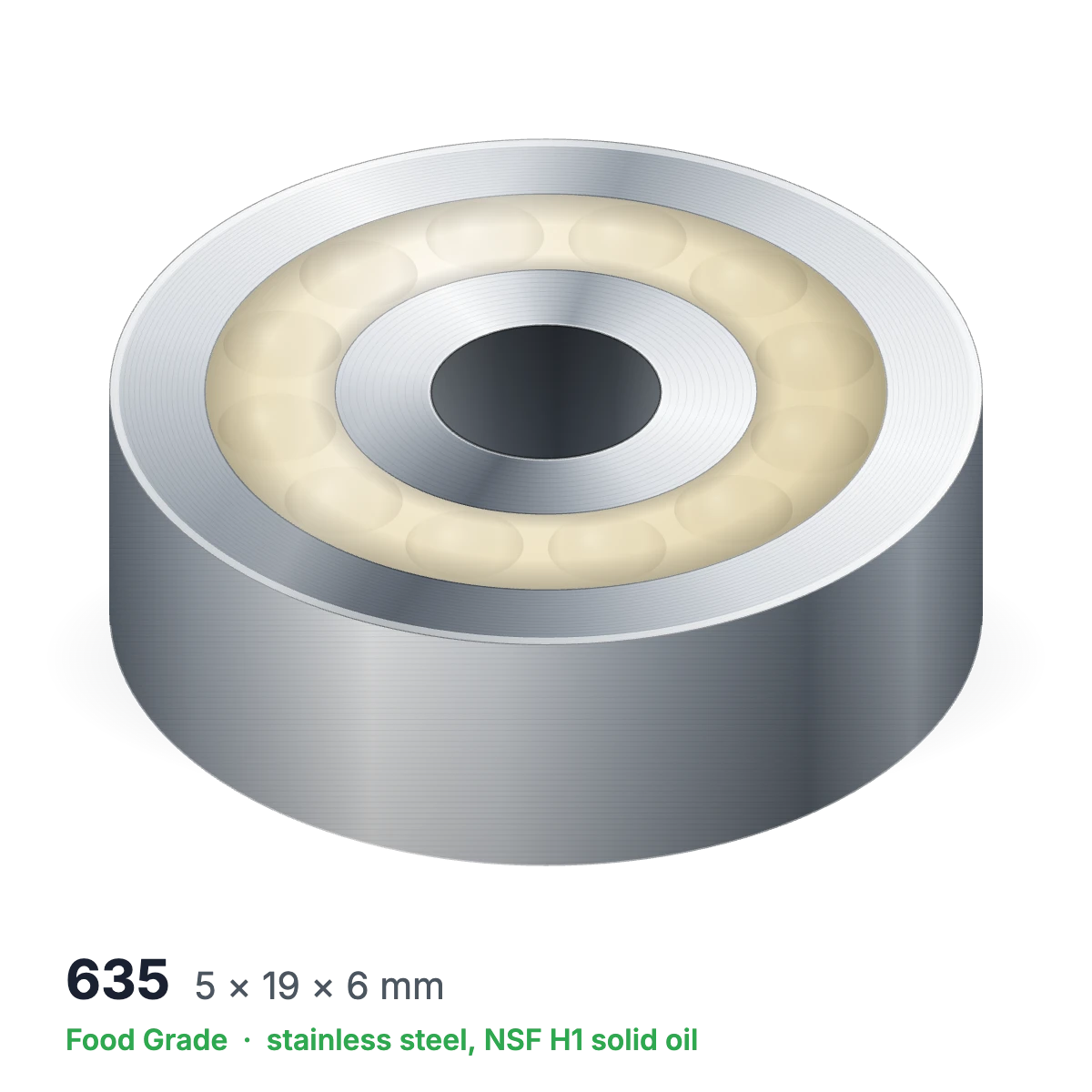 635 food grade solid oil ball bearing, 5 × 19 × 6 mm, stainless steel with NSF H1 solid oil