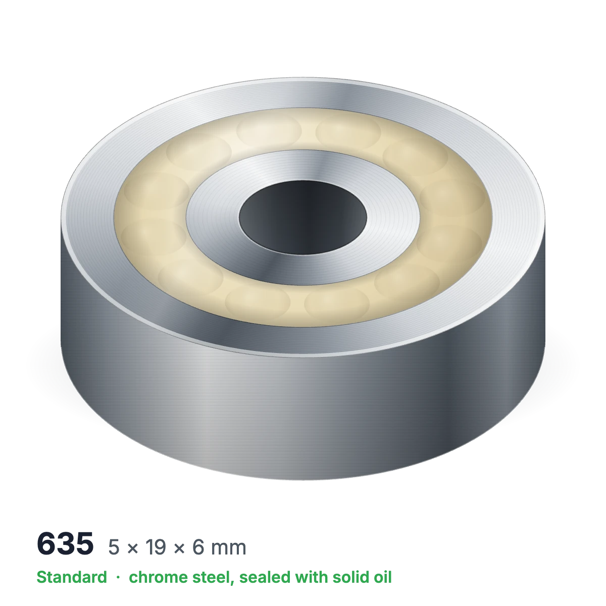 635 solid oil ball bearing, 5 × 19 × 6 mm, chrome steel, sealed with solid oil