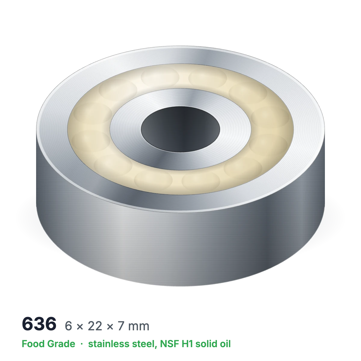 636 food grade solid oil ball bearing, 6 × 22 × 7 mm, stainless steel with NSF H1 solid oil