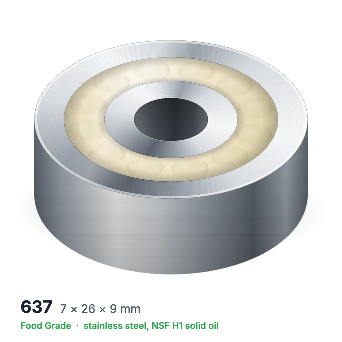 637 food grade solid oil ball bearing, 7 × 26 × 9 mm, stainless steel with NSF H1 solid oil