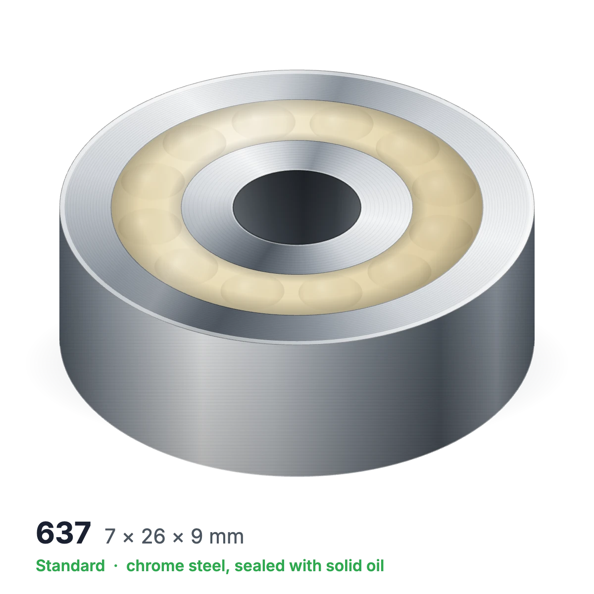637 solid oil ball bearing, 7 × 26 × 9 mm, chrome steel, sealed with solid oil