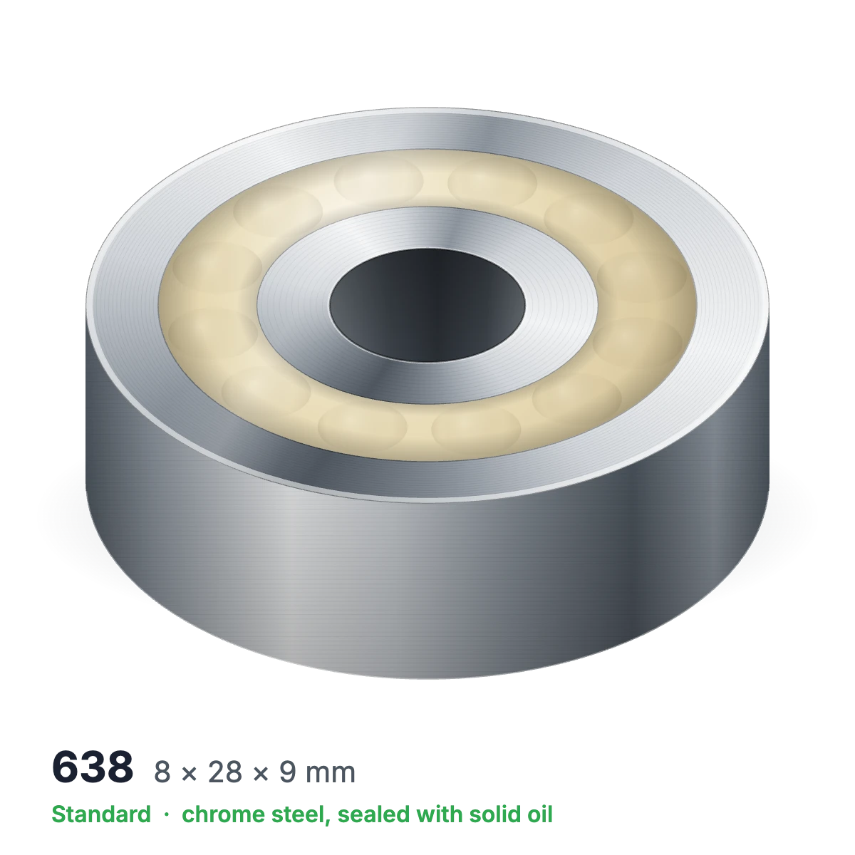 638 solid oil ball bearing, 8 × 28 × 9 mm, chrome steel, sealed with solid oil