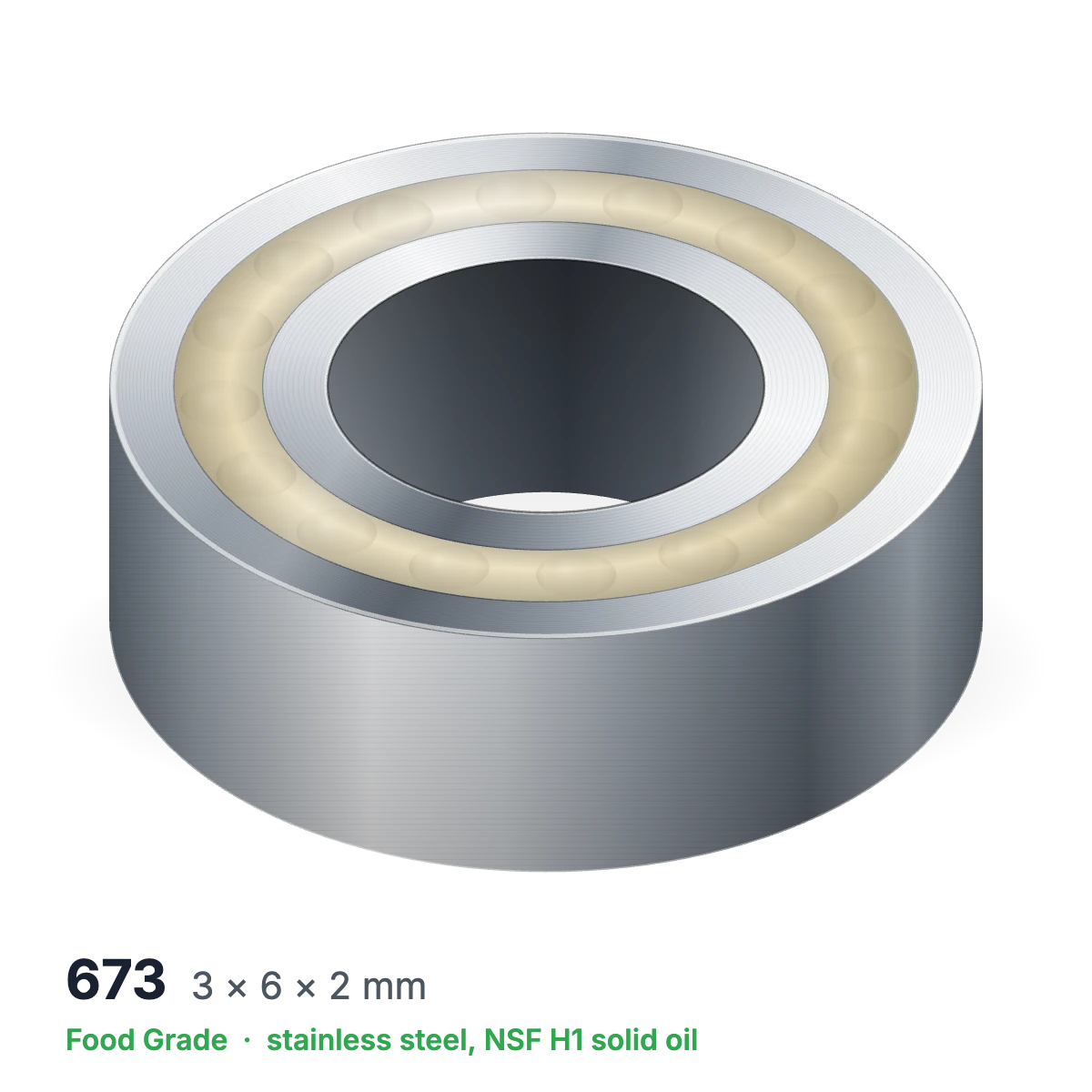 673 food grade solid oil ball bearing, 3 × 6 × 2 mm, stainless steel with NSF H1 solid oil