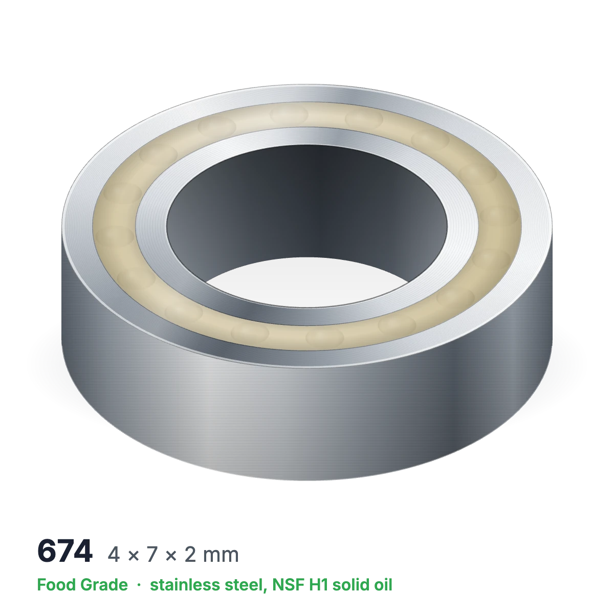 674 food grade solid oil ball bearing, 4 × 7 × 2 mm, stainless steel with NSF H1 solid oil