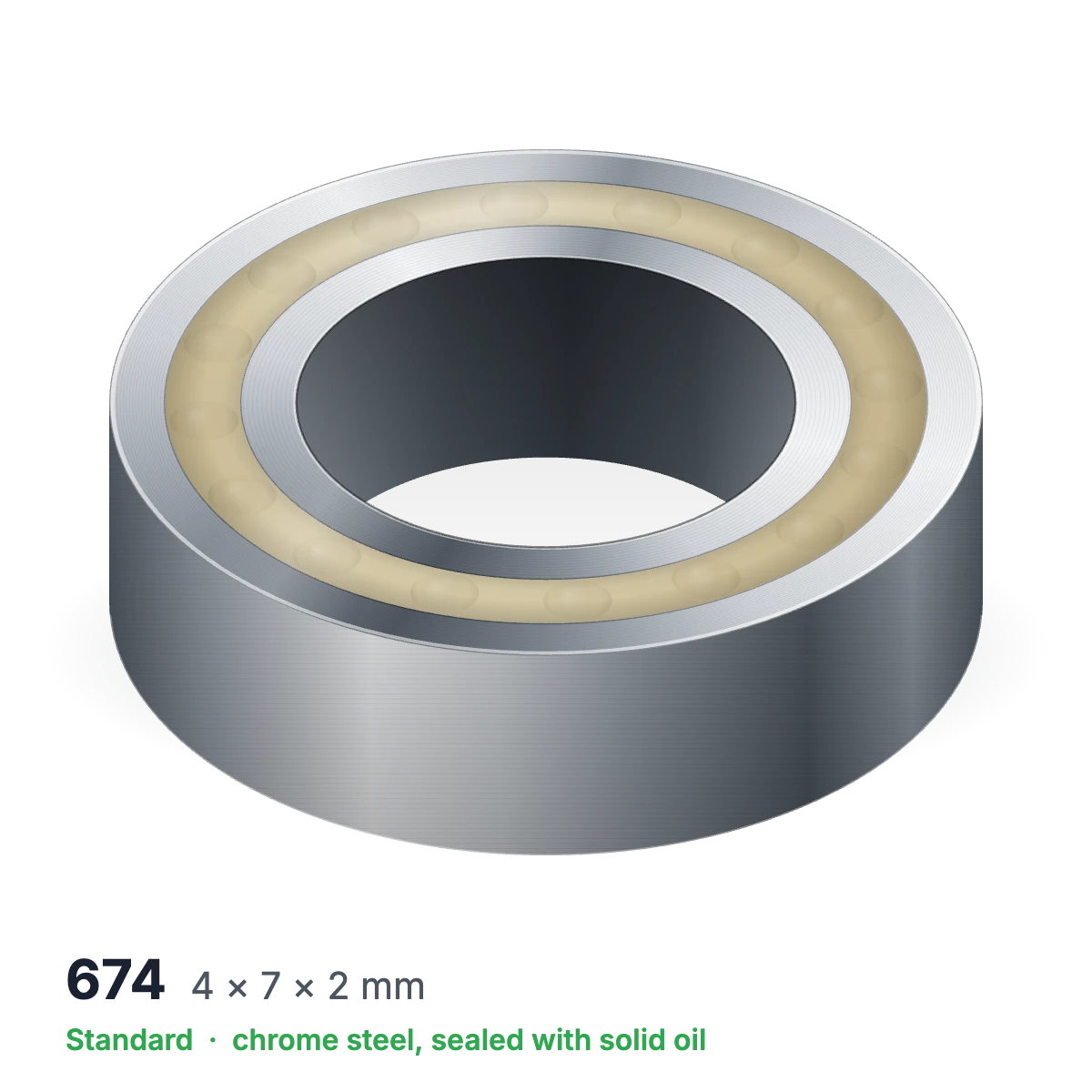 674 solid oil ball bearing, 4 × 7 × 2 mm, chrome steel, sealed with solid oil