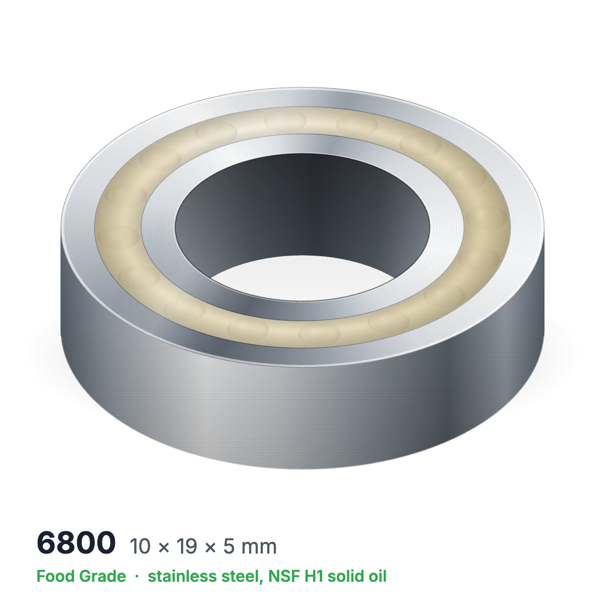 6800 food grade solid oil ball bearing, 10 × 19 × 5 mm, stainless steel with NSF H1 solid oil