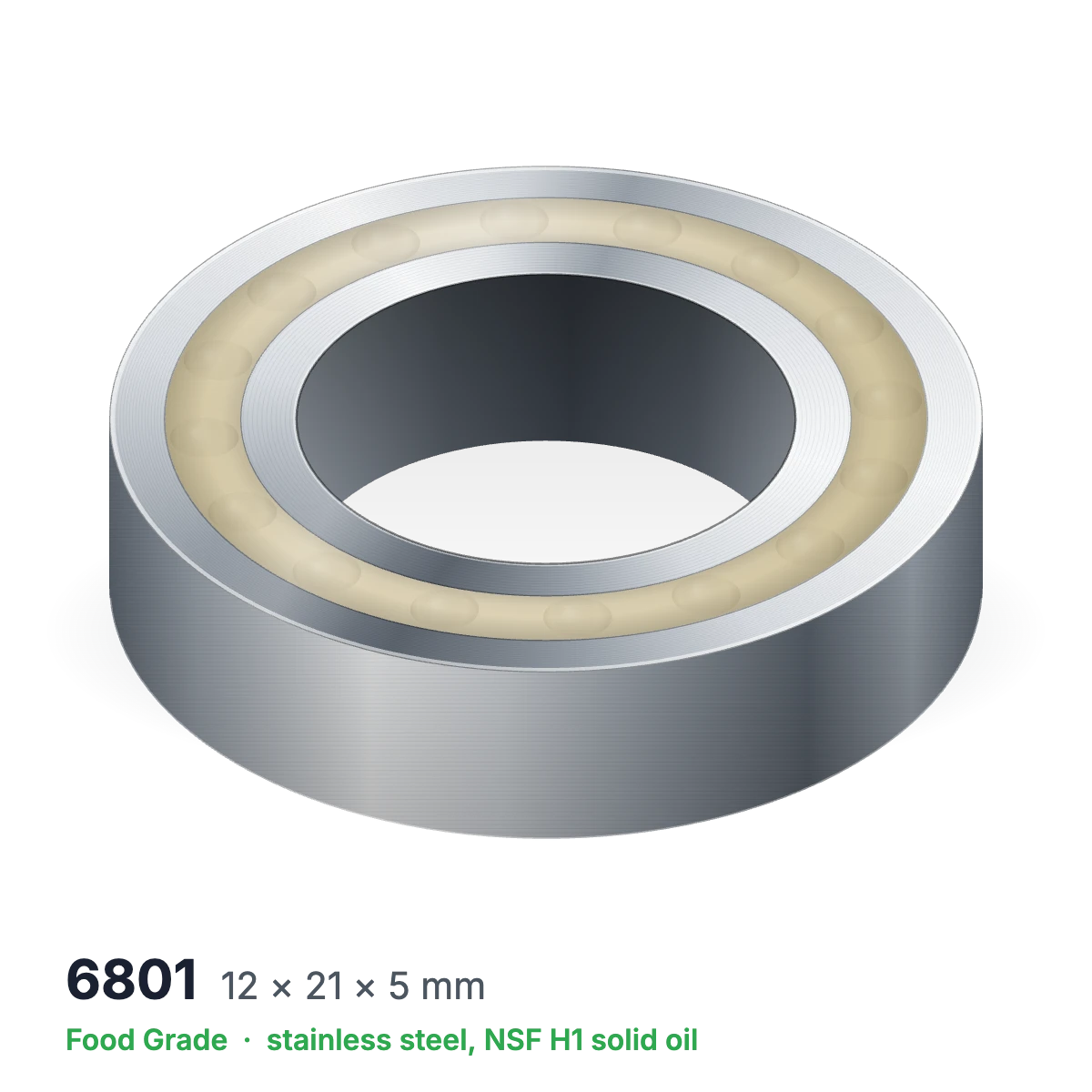 6801 food grade solid oil ball bearing, 12 × 21 × 5 mm, stainless steel with NSF H1 solid oil