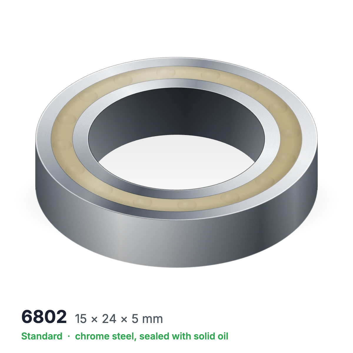 6802 solid oil ball bearing, 15 × 24 × 5 mm, chrome steel, sealed with solid oil