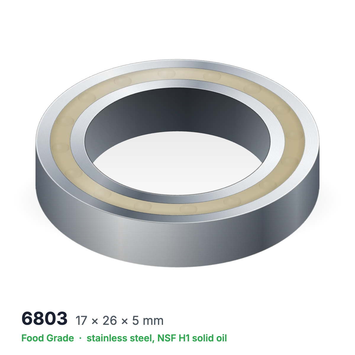 6803 food grade solid oil ball bearing, 17 × 26 × 5 mm, stainless steel with NSF H1 solid oil