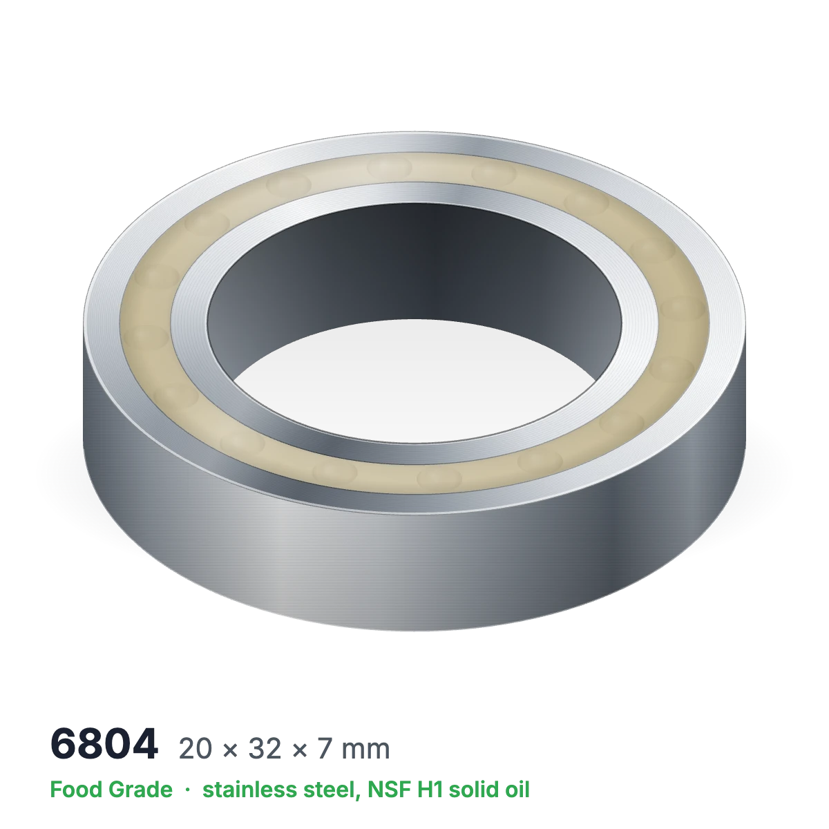 6804 food grade solid oil ball bearing, 20 × 32 × 7 mm, stainless steel with NSF H1 solid oil