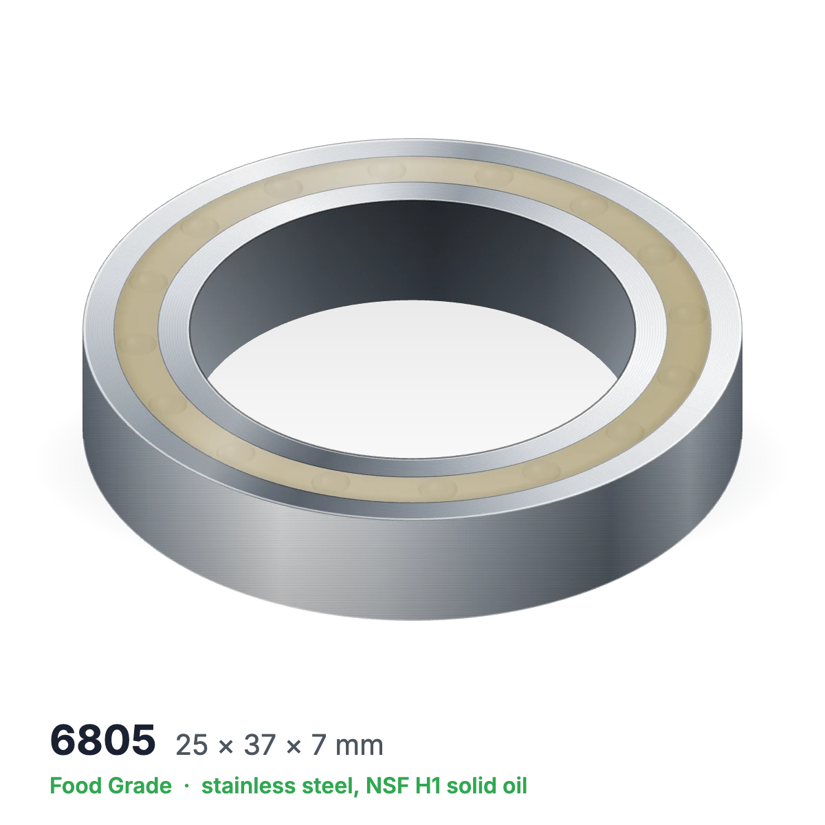 6805 food grade solid oil ball bearing, 25 × 37 × 7 mm, stainless steel with NSF H1 solid oil
