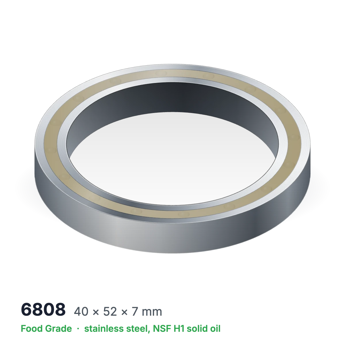 6808 food grade solid oil ball bearing, 40 × 52 × 7 mm, stainless steel with NSF H1 solid oil