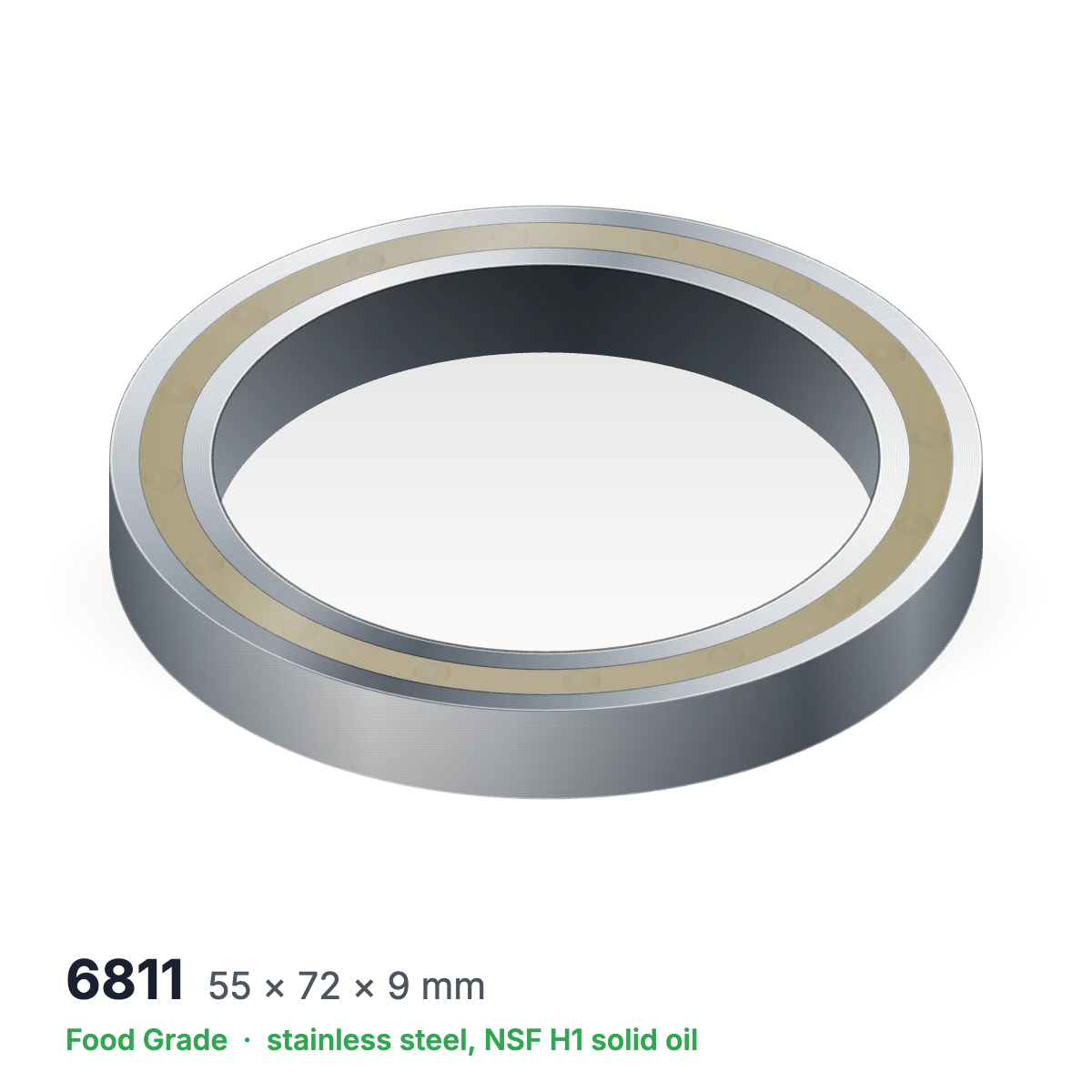6811 food grade solid oil ball bearing, 55 × 72 × 9 mm, stainless steel with NSF H1 solid oil