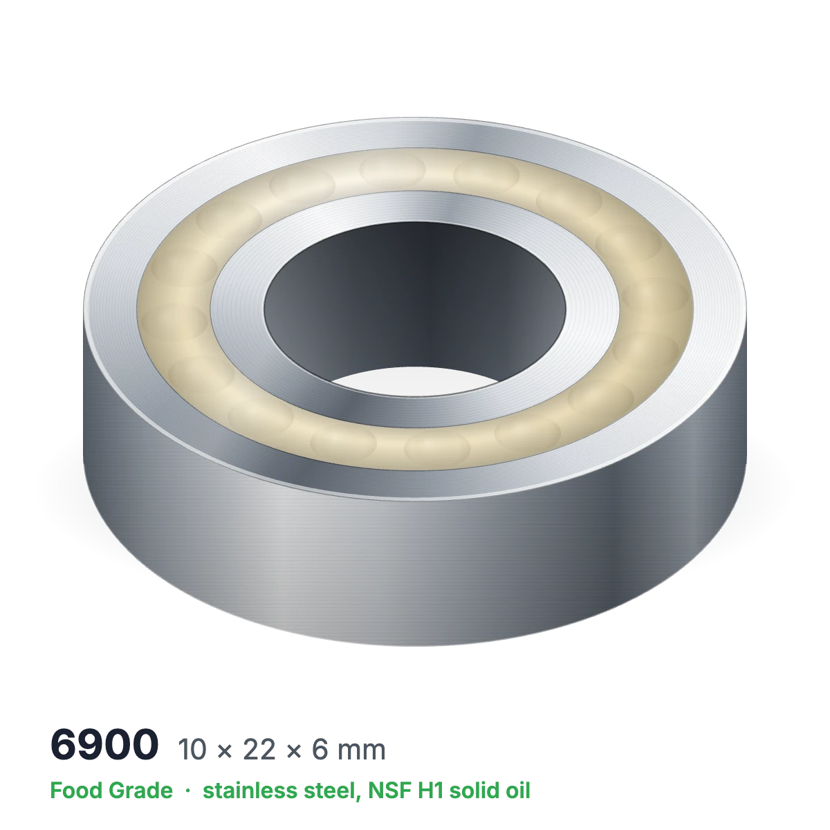 6900 food grade solid oil ball bearing, 10 × 22 × 6 mm, stainless steel with NSF H1 solid oil