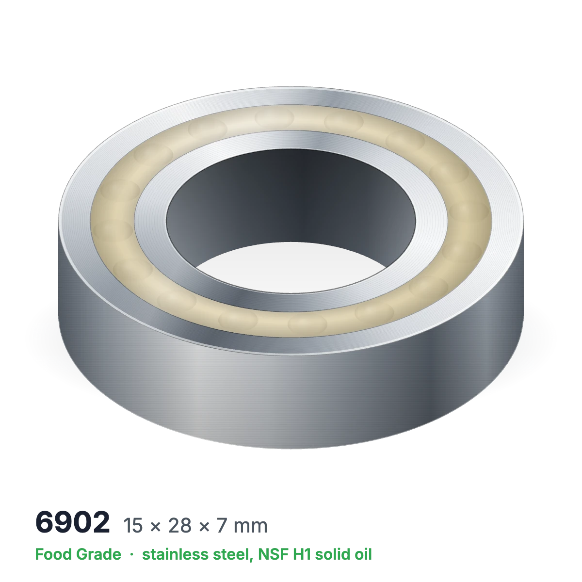 6902 food grade solid oil ball bearing, 15 × 28 × 7 mm, stainless steel with NSF H1 solid oil