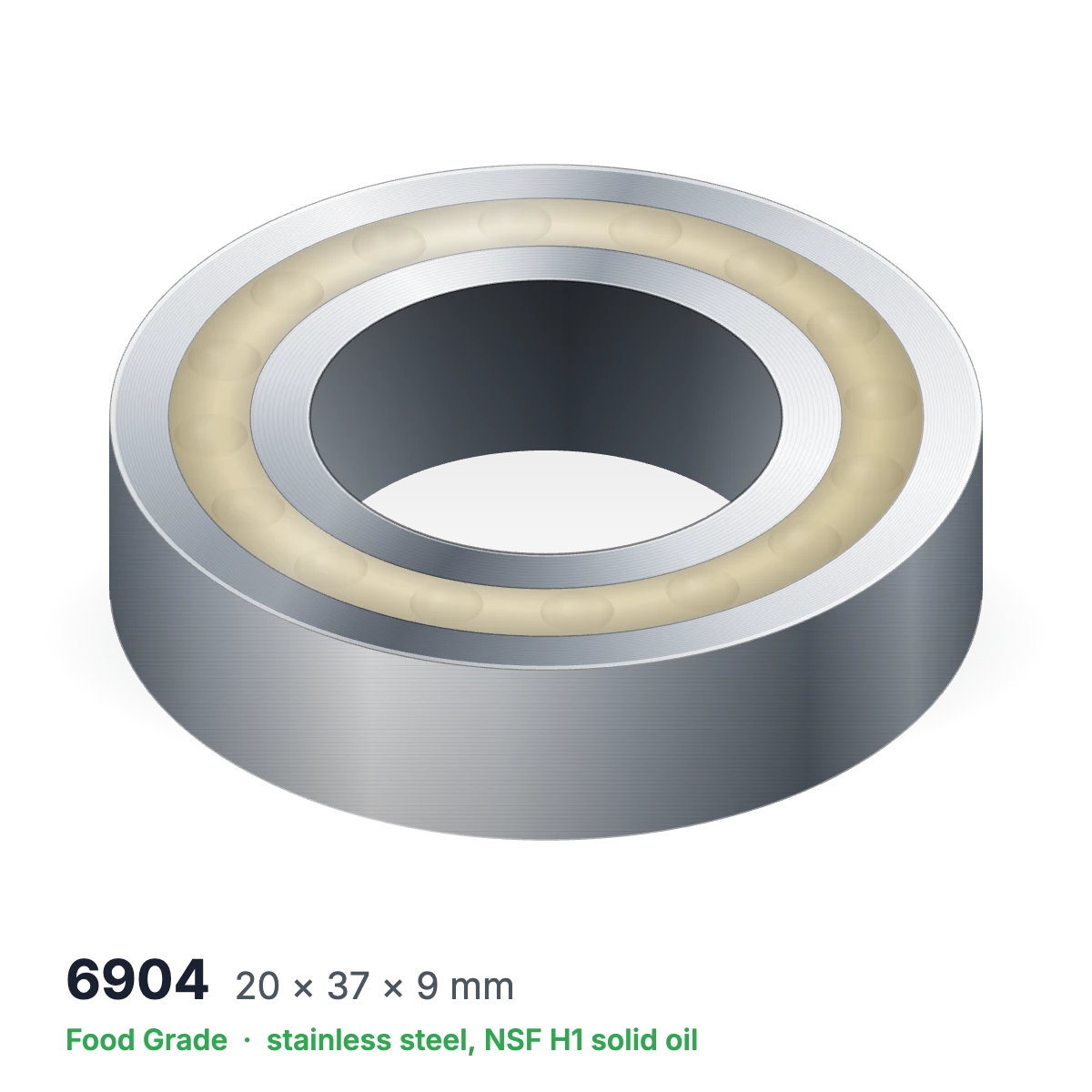 6904 food grade solid oil ball bearing, 20 × 37 × 9 mm, stainless steel with NSF H1 solid oil
