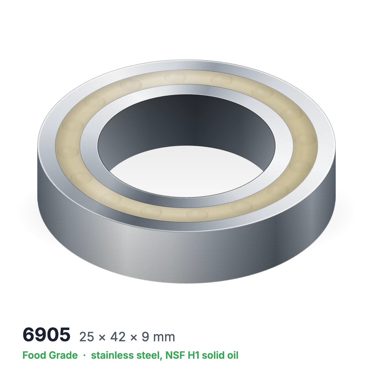 6905 food grade solid oil ball bearing, 25 × 42 × 9 mm, stainless steel with NSF H1 solid oil