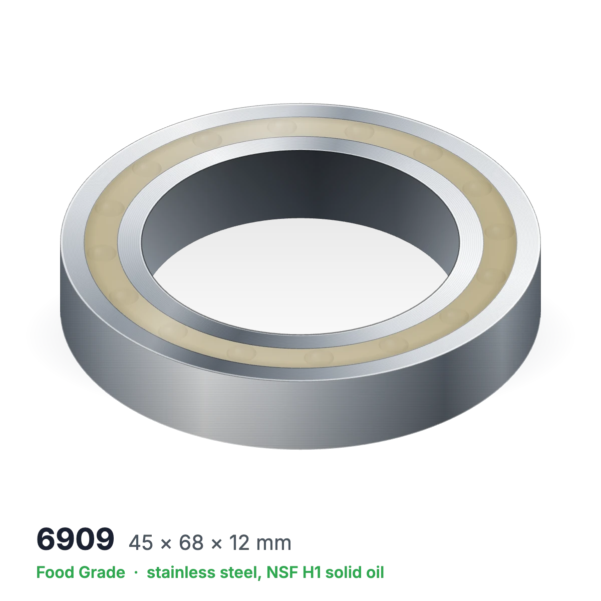 6909 food grade solid oil ball bearing, 45 × 68 × 12 mm, stainless steel with NSF H1 solid oil