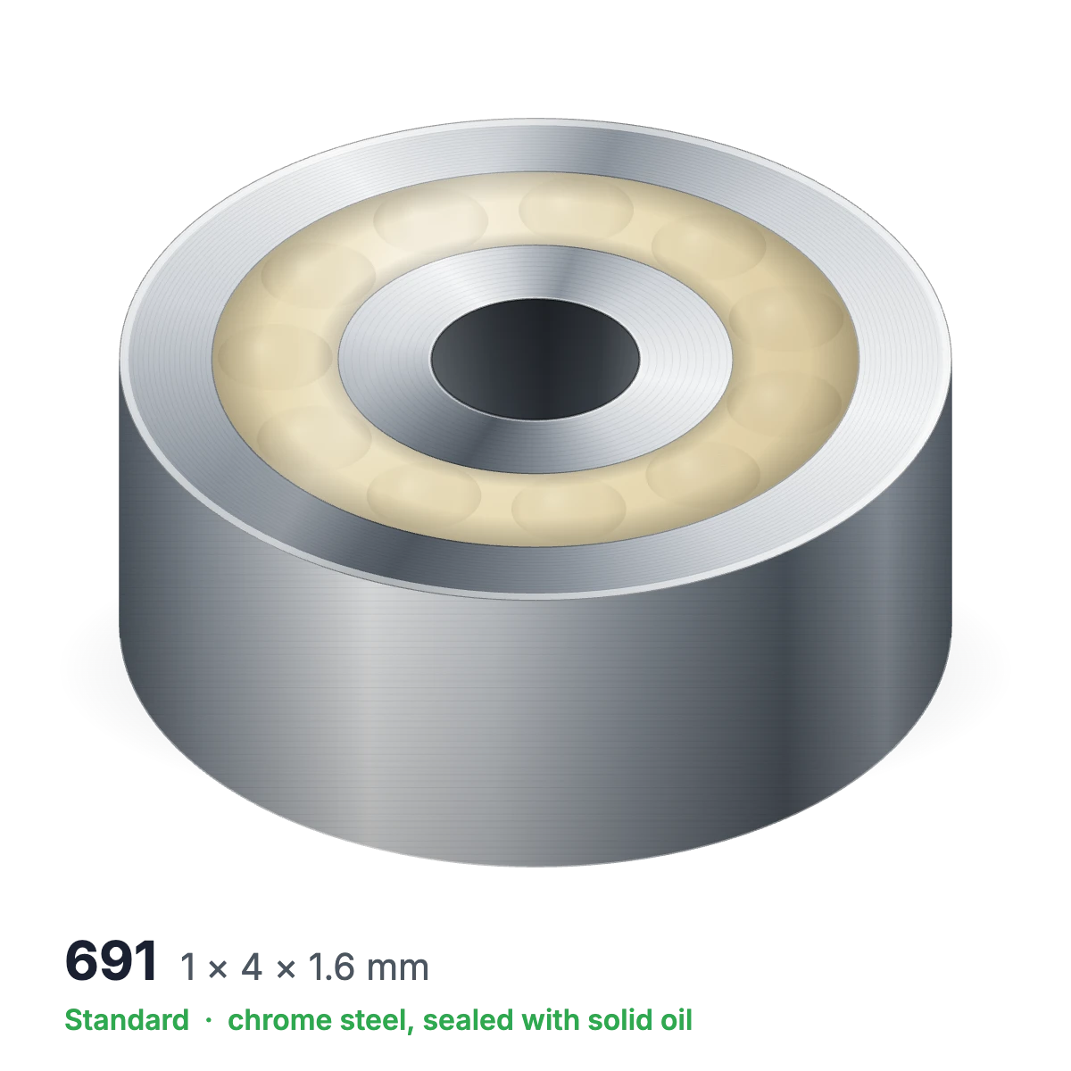 691 solid oil ball bearing, 1 × 4 × 1.6 mm, chrome steel, sealed with solid oil