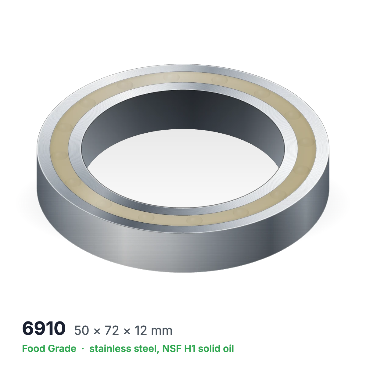 6910 food grade solid oil ball bearing, 50 × 72 × 12 mm, stainless steel with NSF H1 solid oil