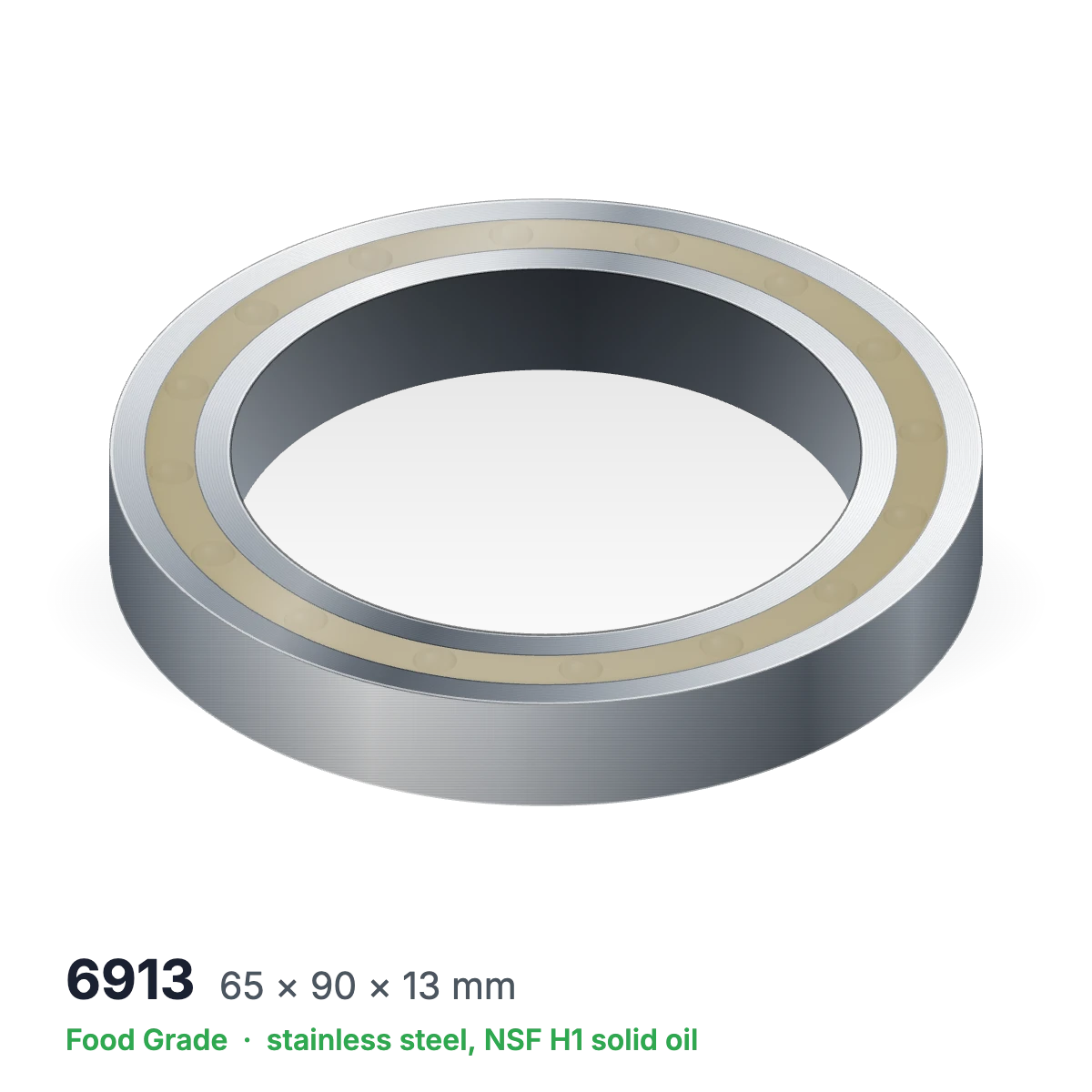 6913 food grade solid oil ball bearing, 65 × 90 × 13 mm, stainless steel with NSF H1 solid oil